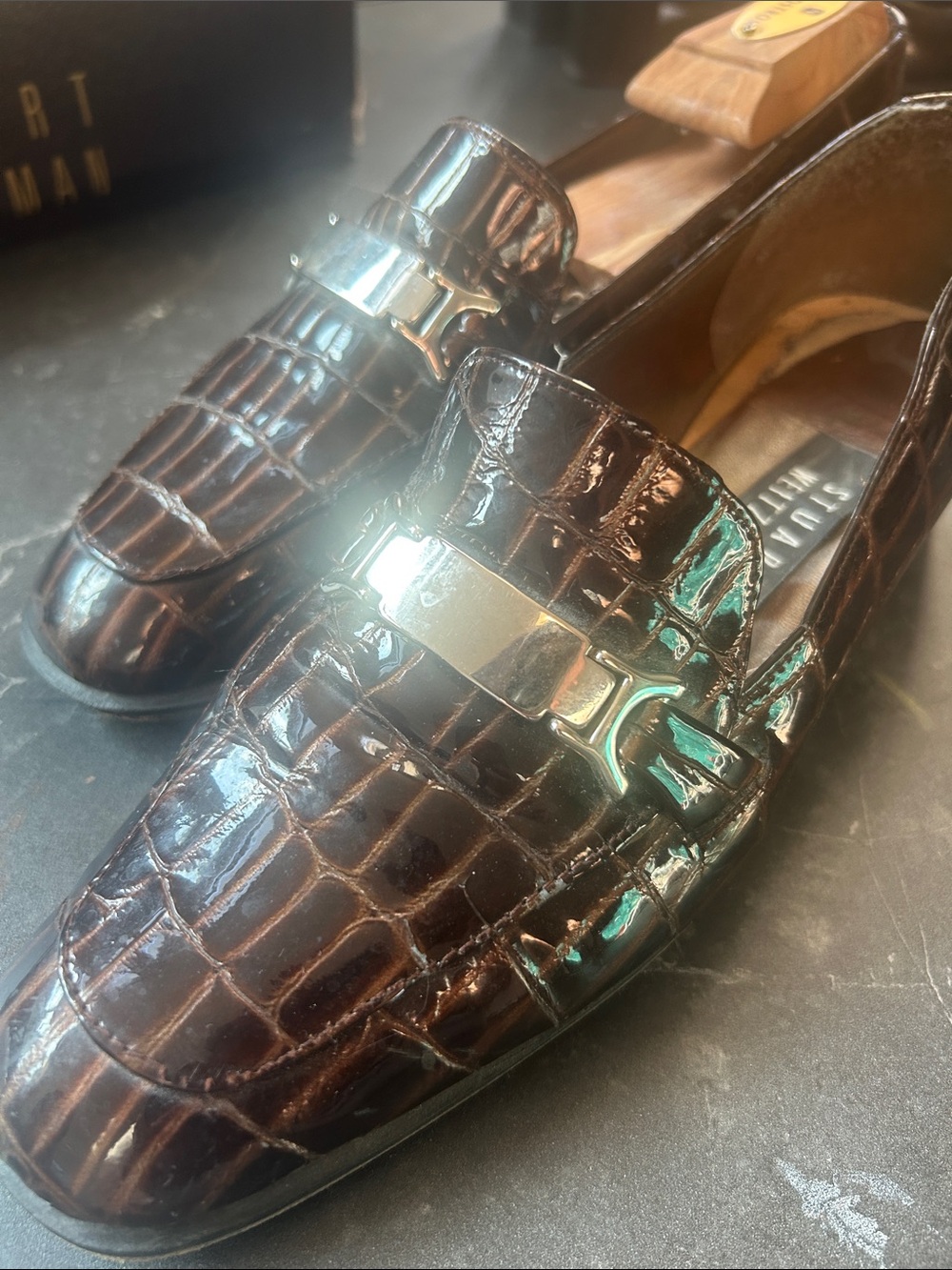 Stuart Weitzman Dark Brown Croc-Embossed Leather Bit Loafers